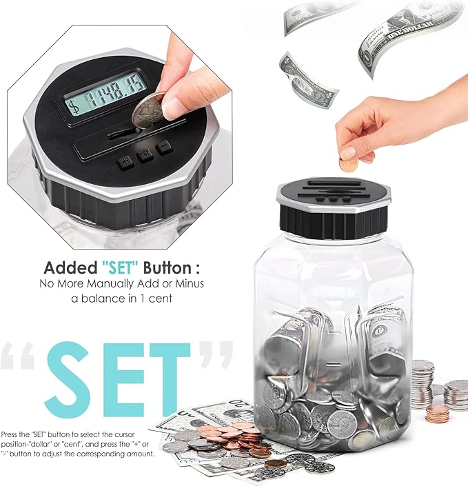 X-Large Piggy Bank for Adults Kids, Vcertcpl Digital Coin Counting Bank with LCD Counter, 2.4L Capacity, Great Coin Counter Bank Money Counting Jar with Total Amount Displayed (Silver, X-Large)