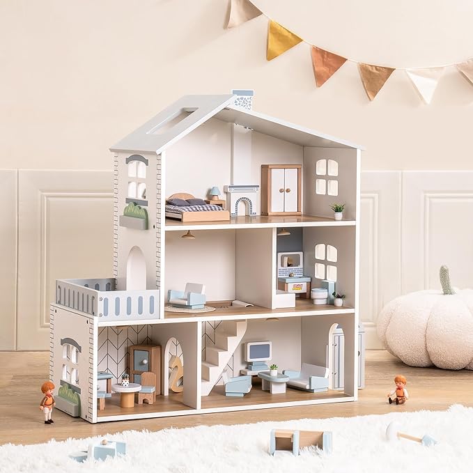 ROBOTIME Wooden Dollhouse, Wooden Doll House with 29 Pieces of Furniture, 6 Rooms Fits 4-6 Inch Dolls, Gift for Kids Ages 3+