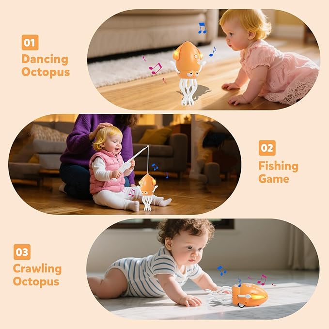 Dancing Octopus Baby Toys, Electric Crawling Squid Infant Tummy Time Toy with Light & Music, Interactive Sensory Toy for Toddlers & Kids (Ages 0-6+), Birthday Gift for 6 12 18 24 36+ Months Boy Girl