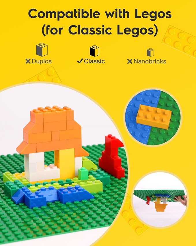 Classic Green Baseplates, 32x32 Studs Square Base Plates for Play or Display Bricks Creations, Compatible with Classic Legos, 10" x 10", Pack of 2, Perfect for Grass or Nature Landscapes