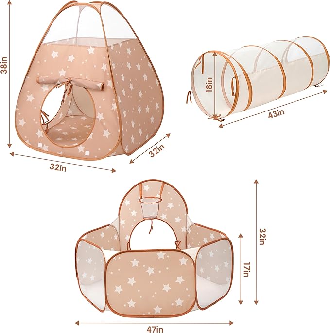 3 in 1 Pop Up Kids Play Tent with Tunnel and Ball Pit for Kids, Boys, Girls, Babies and Toddlers, Indoor/Outdoor Playhouse, Brown/Apricot