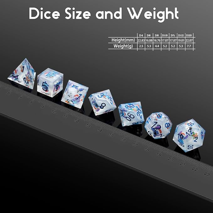DNDND Carton Dice 7 Piece Sharp Edge Dice Set D&D with Carton Stickers for Dungeons and Dragons D&D Table Games (Silver with Carton)