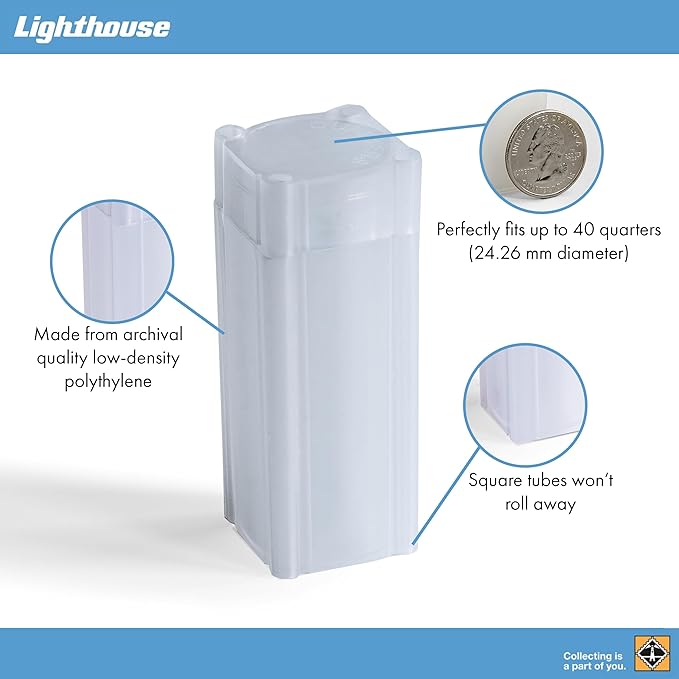 LIGHTHOUSE - Square Coin Tubes - Convenient Push Top, Virtually Unbreakable, Acid Free and Archival Quality - Coin Tubes for US Quarters, 10 Pack