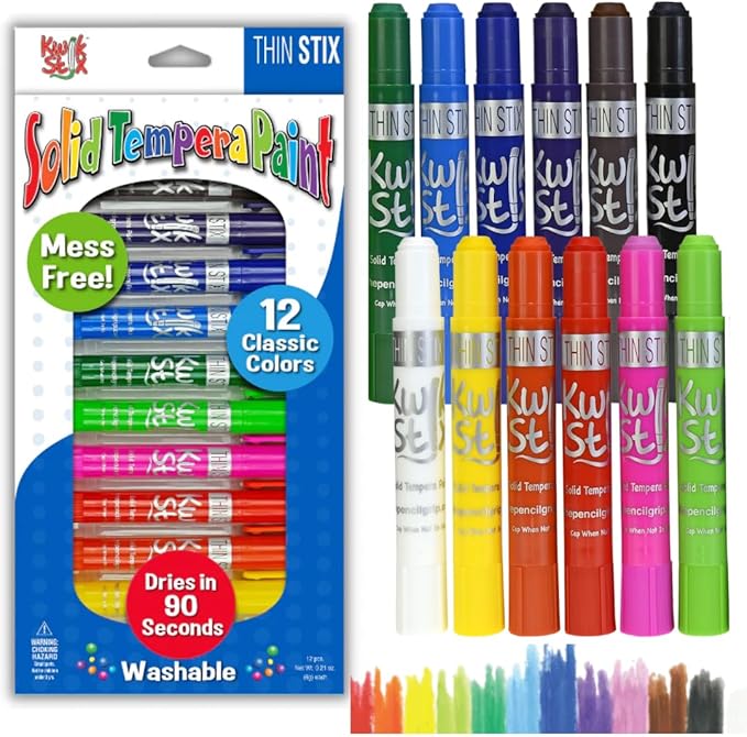 Kwik Stix Solid Tempera Paints, Thin Stix Paint Pens, Super Quick Drying, 12 Classic Colors for Children - 12 Pack - TPG-608