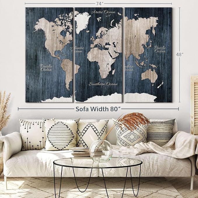 ElephantStock Aged Blue World Map I Canvas - 3 Panel Wall Decor - World Map Digital Art - Blue Wall Art - 74" X 48"