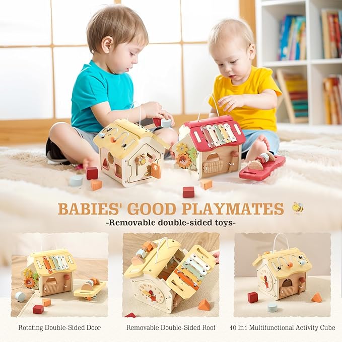 let's make Wooden Activity Cube 10-in-1 Montessori Toys Multi-Functional House Educational Toys Sensory Learning Activity Cube for Toddlers Babies 1st Birthday Gift