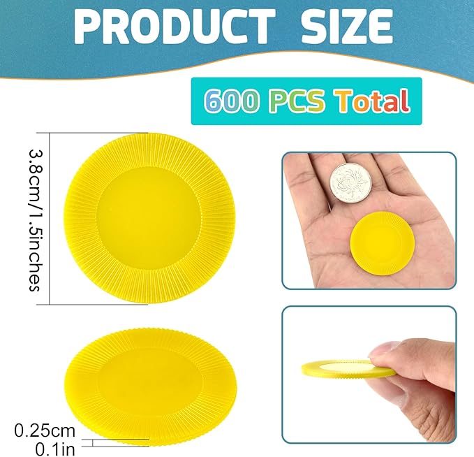 Coopay 600 Pieces Plastic Poker Chips Bingo Chip Bulk Learning Counters Disks Poker Card Game Counting Markers for Math Practice, Game Tokens and Teaching Rewards, 38 mm/ 1.5 Inches (Yellow)