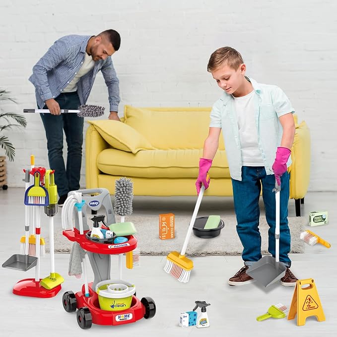 Kids Cleaning Set for Toddlers Pretend Play Housekeeping Supplies Kits with Real Working Vacuum Cleaner, Broom, Spray Bottle, Dust Pan and More Role Play Educational Toys for Toddler Boys Girls (Red)
