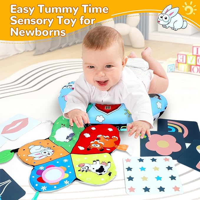 Tummy Time Pillow, High Contrast Tummy Time Mat with Black & White Flash Cards, Double-Sided Tummy Time Cushion with Mirror & Teether Sensory Toys, Baby Toys for Infant Newborn 0-12 Months Babies