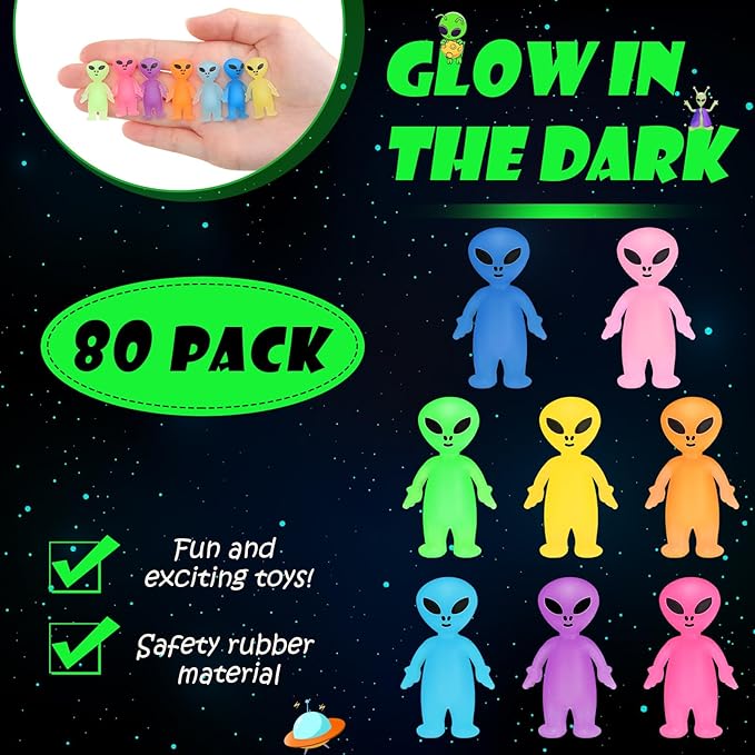 80 Pcs Colorful Mini Alien Figures Glow in The Dark Small Little Tiny Aliens Figurine to Hide and Seek for Space Party Favors Prank Gifts Halloween Party Goodie Bag Fillers, 8 Colors