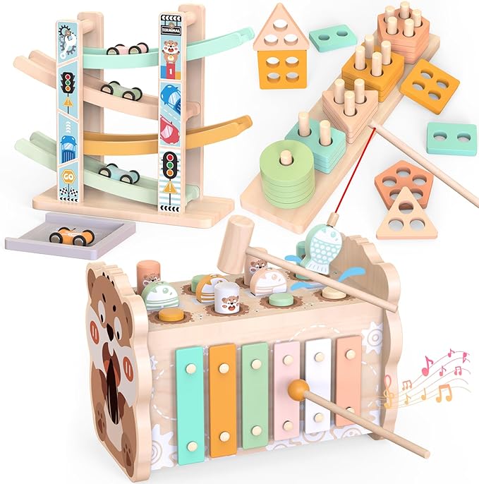 Wooden Montessori Toys for Toddlers 1-3, Baby Pounding Hammering Toy with Xylophone & Fishing Game, Car Ramp Racer, Stacking Blocks & Shape Sorter, 3 in 1 Learning Multi-Activity Set for 1 + Year Old