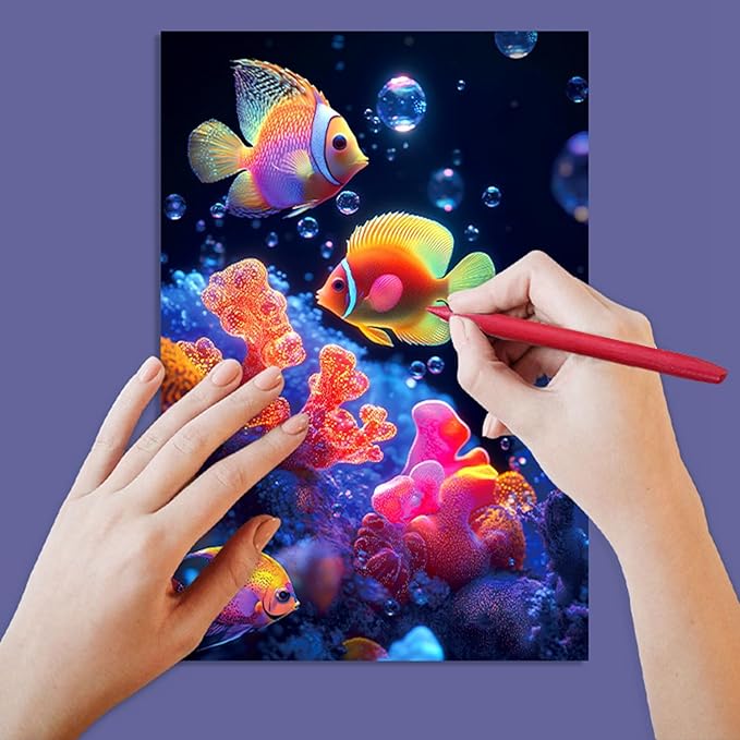 Georgie Porgy Scratch Paper Art Set for Kids Adults Magic Rainbow Scratchboards for DIY Arts and Crafts Kits Christmas Birthday Gift with Scratching Tools Kit (A4-Noctilucent Whale + Sea World)