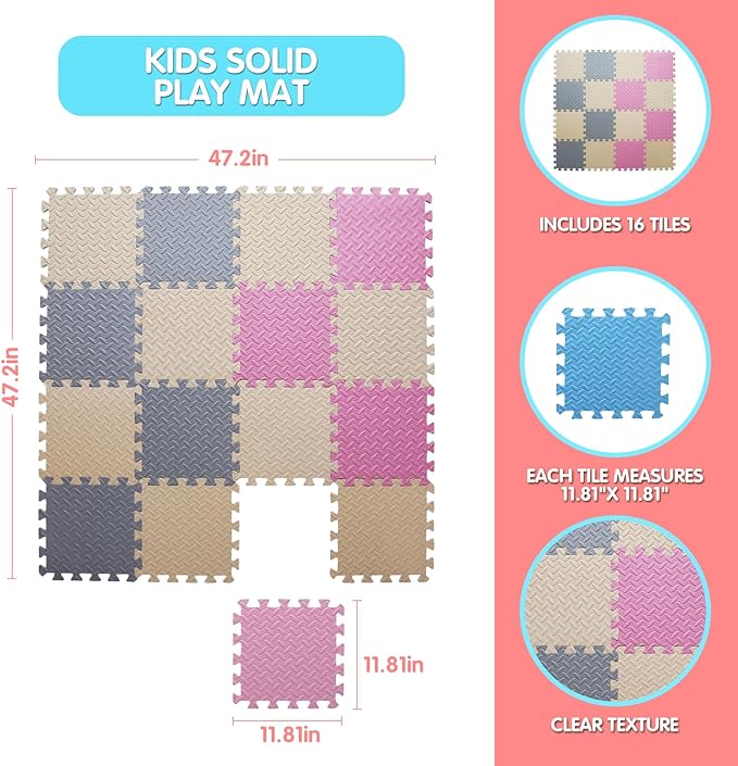 Foam Floor Mat, Solid Colored Play Mat, Non-Toxic Interlocking Foam Puzzle Floor Mats, 0.4" Thick Square Kids Playmat丨47x47 Play Mat for Playpen (Beige/Gray/Pink)