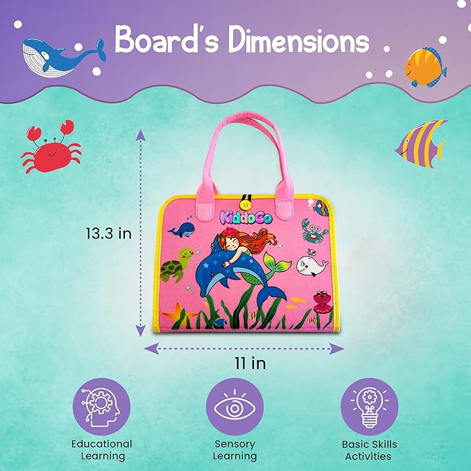 Busy Board Book Bag for Kids | Interactive Learning Activities for Ages 2-7 | Mermaid-Themed Skill-Building Kit | Hair Braiding, Tying Shoes, Math, and Alphabet Puzzles, Felt Bag