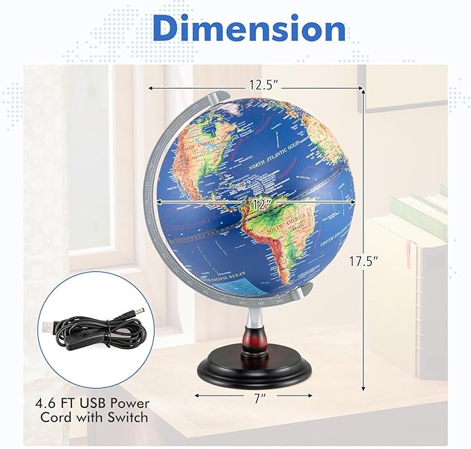 COSTWAY 12” Illuminated World Globe, Geography Educational Globe with Built-in LED Night Light, Wooden Stand, Clear Map for Kids & Adults Learning, Desktop Globes for Students, Decoration (Navy)