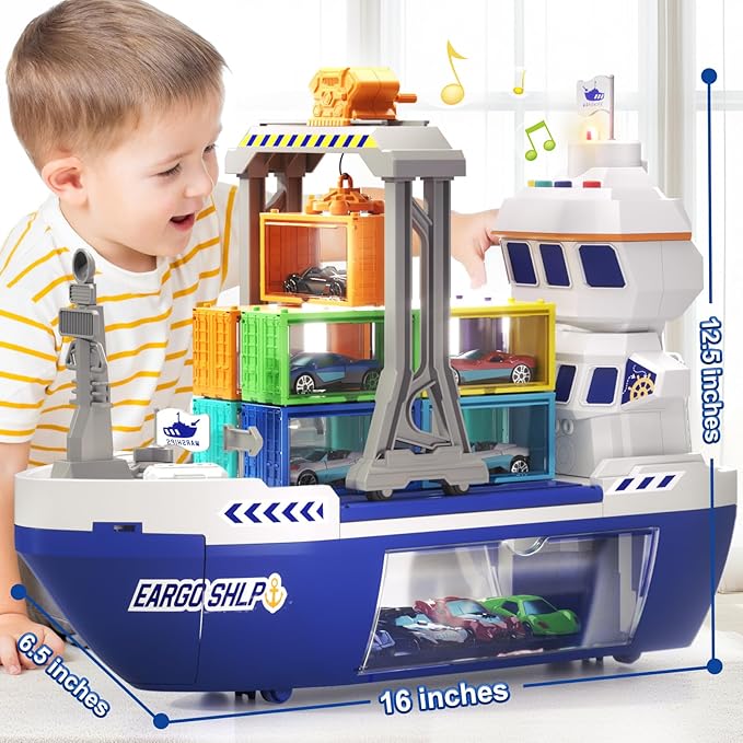 Toy Boat & Gantry Crane for Kids, Cruise Ship with 18 Mini Race Cars and 6 Containers, Cargo Ship Toy with Sounds and Lights, Boats Age 3 4 5 6 7 8 for Boys Girls Birthday Present