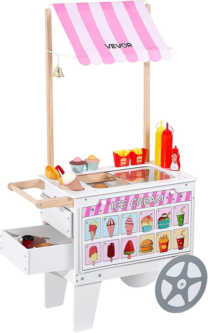 VEVOR Ice Cream Cart for Kids, 20+ PCS Accessories, Pretend Play Ice Cream Shop Kitchen Food Toys with Ice Cream Cone & Popsicle, Awning & Freezer, Storage Drawers & Flipping Menus, for Kids Aged 3-7