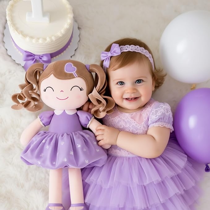 Gloveleya Baby Doll Gifts Plush Curly Girl Toys with Love 16" Purple Light Skin