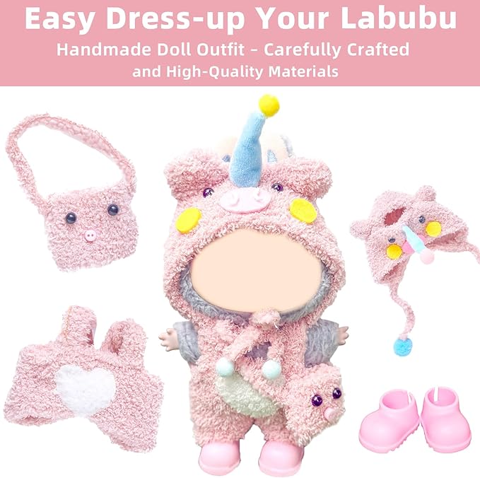 17cm Doll Clothes Set,4-Piece Adorable Outfits for Dolls-Stylish Accessaries Clothes Dress-Up Includes—Pig Hat+Pink Overalls+ Cute Bag+Shoes (Style J)