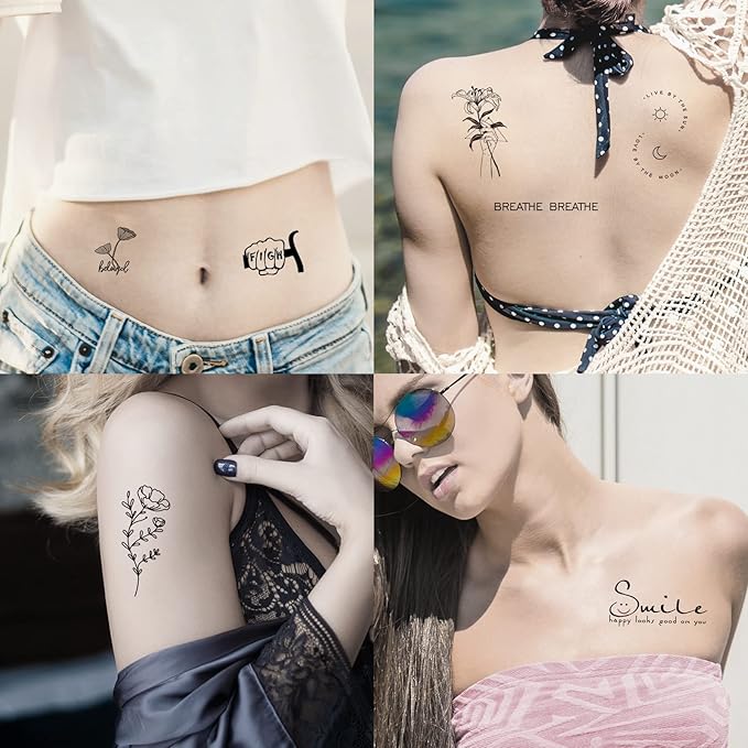160+ PCS 74 Sheets Realistic Three Types Fake Temporary Tattoos, Include 40 Sheets Inspirational Quotes Words Tattoos, 22 Sheets Wild Flower Tattoos, 12 Sheets Small Flower Tattoo Stickers For Women