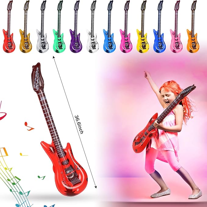37 Pcs Inflatable Rock Star Instrument Set, 12 Blow up Guitar 36 Inch 12 Inflatable Microphone 12 Bass with a Pump for 80s Themed Party Carnival Birthday Party Decorations