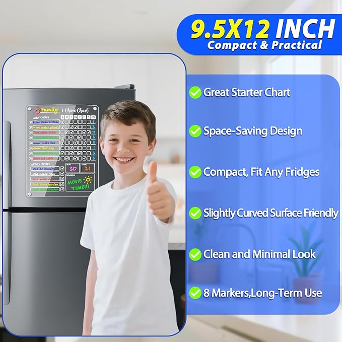 PigPotParty Acrylic Magnetic Chore Chart for Kids on Fridge – 2 Pack 9.5"x12" Weekly Dry Erase Chore Board with 8 Fine Tip Colorful Markers and 1 Towel – for Multiple Kids, Teens and Family