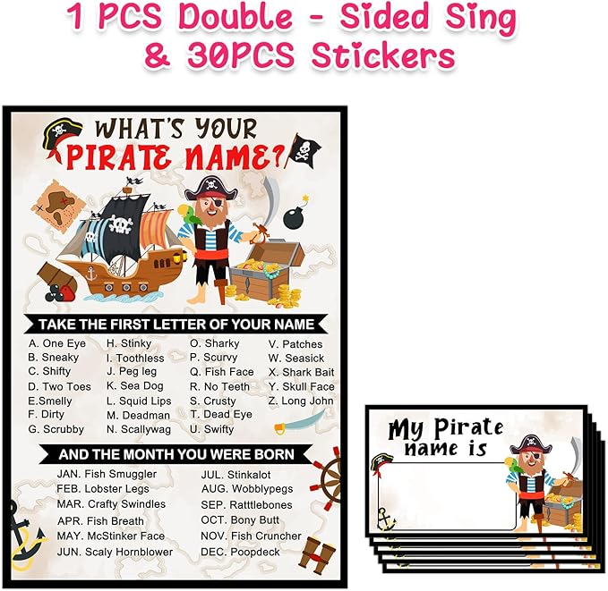 What is Your Pirate Name Game, Game Sign and 30 Cards, Pirate Birthday Party Sign for Boys, Holiday Activity, Pirate Activity Cards Ideas Decoration Supplies