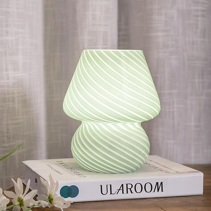 USB Plug-in Mushroom Lamp Small Bedside Table Lamp with 3 Temperature LED Bulb,Free Dimming Nights Light for Bedroom/Living Room/Entryway/Corner Decor (Stripe Green)