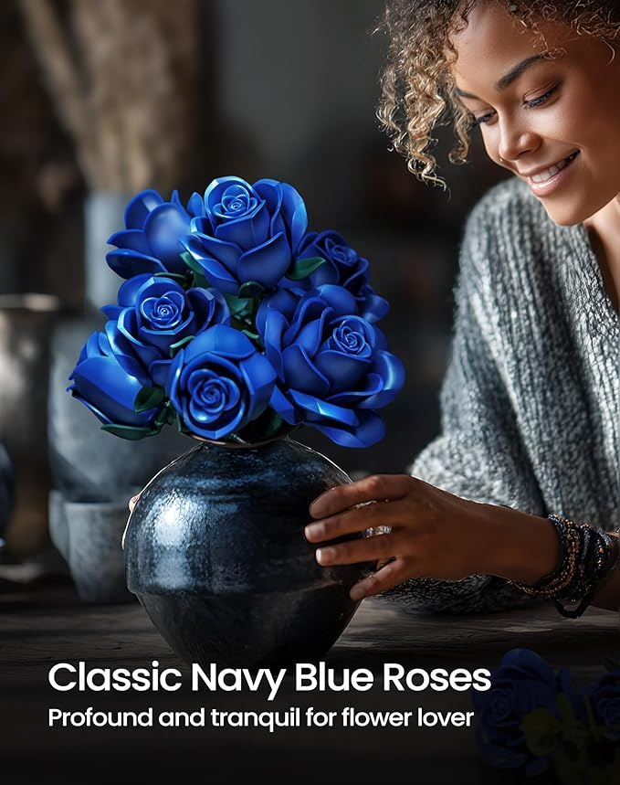 iATOM Blue Rose Bouquet Building Set, Artificial Flowers Botanical Collection for Adults - Gift for Halloween, Gothic Retro Home Office Table Centerpiece Decor - IA11007