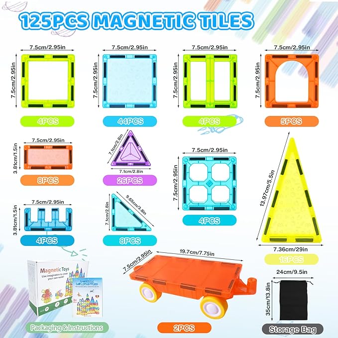 Magnetic Tiles 125PCS Magnetic Building Blocks Set 3D Magnet Tiles with 2 Cars STEM Educational Learning Construction Toys Kids Birthday Gifts for Preschool Toddler Boys Girls 3 4 5 6 7 8 9 + Year Old