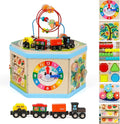 Wooden Activity Cube 9-in-1 Montessori Toys for 1+ Year Old Boys Girls Educational Learning Toys for Toddlers Age 1-2 One Year Old First Birthday Gift Bead Maze Magnetic Trains Track Shape Sorter