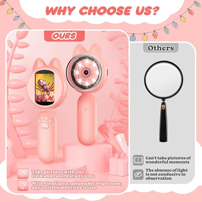 100X Handheld Microscope with 2" LCD Screen, Magnifying Glass for Kids with 8 LED Lights, Christmas Birthday Gifts for Children