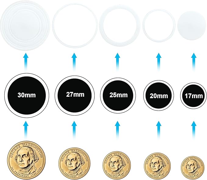 300 PCS Coin Capsules 30mm Plastic Coin Storage Box, Assorted Sizes Coin Collection Supplies Clear Coin Storage Case, Round Silver Dollar Coin Holders with Foam Protect Gasket (17/20/25/27/30mm)