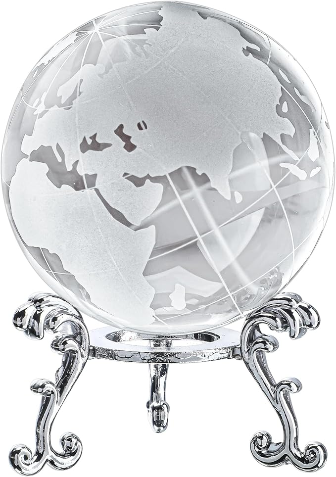 60mm World Globe Crystal Earth Ball Paperweight with Stand Glass Sphere Display Globe Ball Christmas Decor for Home Office Desk
