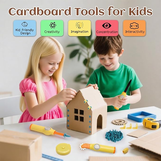 Cardboard Craft Tools For Kids-childrens cartons cutting，Cardboard Construction Tool Kit for Family And Classroom DIY Creativity Projects,138PCS STEM Educational Toy Birthday Gift for Boys Girls 6+