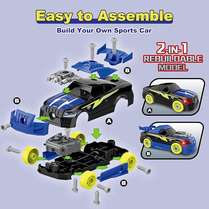 Take Apart Toy Racing Car for Kids Age 3+ Year Old, 2 in 1 Build Your Own Car with Realistic Sounds & Lights, Construction Vehicle Toys with Electric Drill, Ideal Gitfs for Boys(4 Spare Screws)