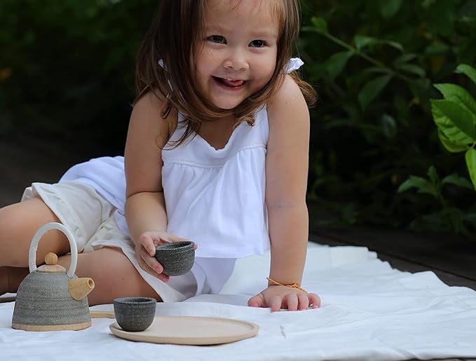 PlanToys Wooden Classic Styled Tea Party Set for a Pretend Play Tea Party (3617) | Sustainably Made from Rubberwood and Non-Toxic Paints and Dyes | Eco-Friendly PlanWood