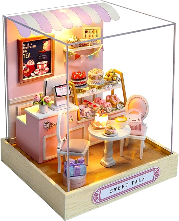 Miniature House Kit, CUTEROOM Tiny House Kit Wooden Dollhouse Kit Mini House Making Kit with Dust Cover, DIY Dollhouse Kit Birthday Gift- Sweet Talk