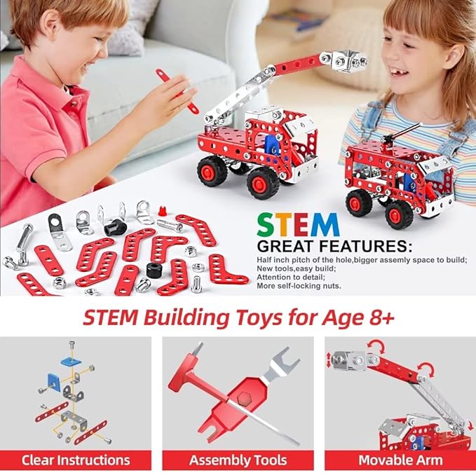 Stem Building Toys for Boys Age 8-12,Creative Sets Fire Trucks Series Model Kit,Assembly Toys for Kids,Metal Building Blocks for Model 4 in 1 Fire Fighting Cars(121PCS)