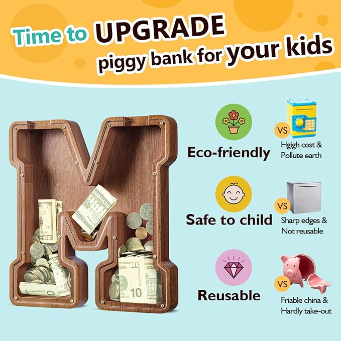 Summidate Large Wooden Piggy Bank for Kids Adults, Alphabets Letter A-Z Piggy Bank for Boys Girls, Coins Bills Change Bank Box Personalized Initial Name Kids Money Bank for Birthday Present and Decor