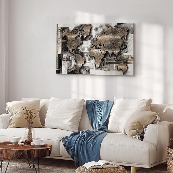 artgeist Canvas Wall Art World Map 35x24 in - 1pcs Home Decor Framed Stretched Picture Photo Painting Artwork Image - Abstract Continents Map World Map k-A-0506-b-a
