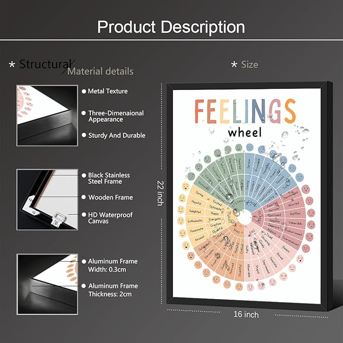 uoyien Feelings Wheel Emotions Poster Feelings Emotions Chart Preschool Classroom Must Haves Canvas Wall Art Prints Calming Corner Classroom Decor Mental Health Therapy Posters 16x22in Metal Framed