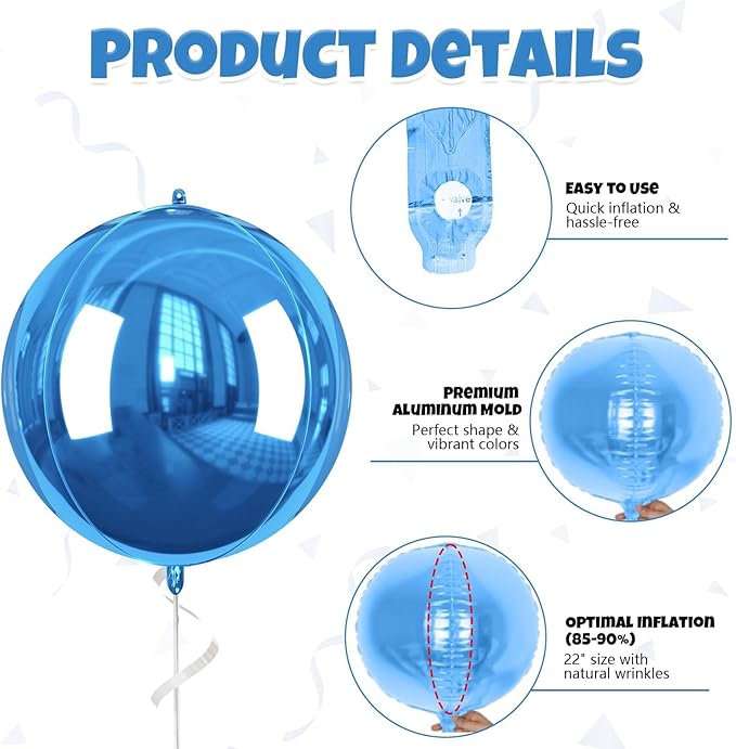 Blue and Silver Giant Foil Balloons, 6 Pcs Large Metallic Blue Silver Black Round Balloons, 22 Inch Big Round Foil Balloon for Birthday Party Baby Shower Graduation Decorations