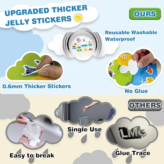 Reusable Jelly Sticker Books for Toddlers, 3D Waterproof Sticker Books, Travel Toys Activity Crafts Gifts for Kids, Farm Animals, Ocean Wrold