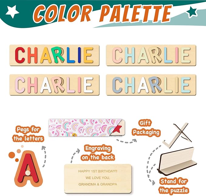 Name Puzzle for Kids Personalized, Custom Baby Boy Girl First Christmas Birthday Gift, Montessori Learning Toddler Puzzle Toy