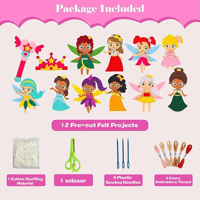 FYXGZZH Kids Beginner Sewing Kit – DIY Stuffed Craft Set with Pre-Cut Felt, Plastic Needle & Embroidery Thread, Educational Arts & Crafts for Boys & Girls Ages 6-12, Princess