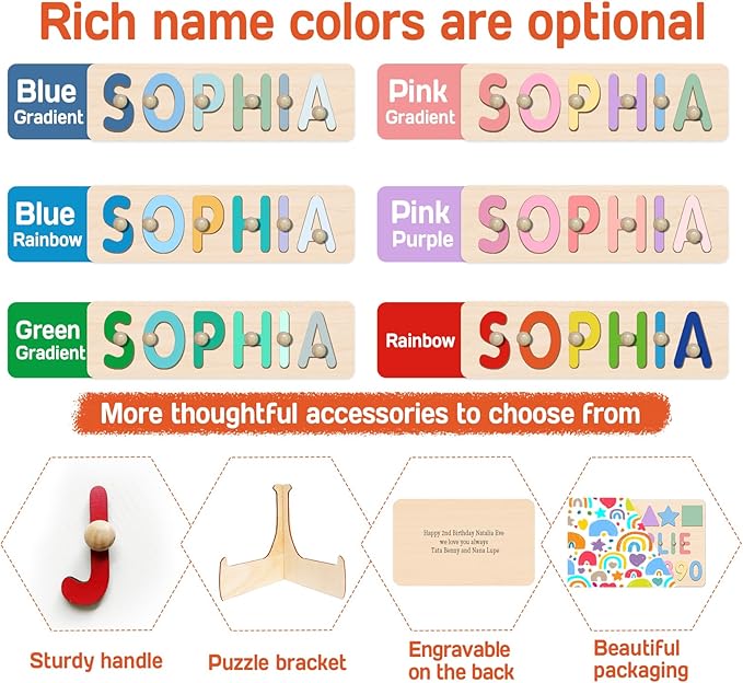 Name Puzzle for Kids Personalized, 1st Birthday Girl and Boy,Custom Baby Easter Gifts with Engraved Text on Back, Montessori Learning Toys for Boy & Girl (Pink Gradient)