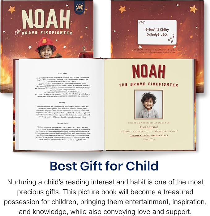 ELFINK Personalized Children Story Books - The Brave Firefighter - Customized Name & Photo - Baby Gifts - Children Bedtime Story (Soft Cover)