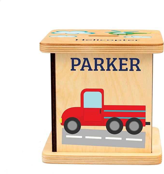 Wooden Piggy Bank for Kids and Adults, Personalized Gift Handmade in USA by BloomOwl, Custom Piggy Bank, Personalized Banks for Kids, Gifts for Baby Boys and Girls (Transportation)