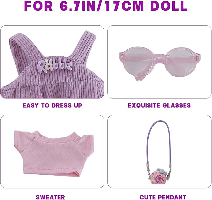 17cm Doll Clothes Set 3-Piece Doll Clothing Set with Purple Overalls Pink Glasses Accessories for 17cm Plush Dolls, Clothes Only, No Doll Included